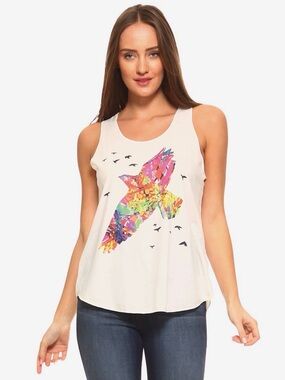 The Collection Royal Bird Tank Top Watercolor Graphic White Flowy S/M & L/XL NWT